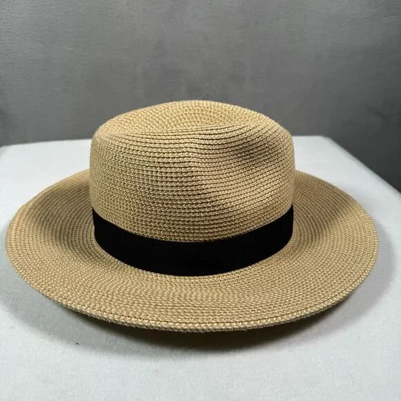 Panama Hat Straw Unisex OS Tan Black Band Fedora Sun Shade Beach Boho Preppy - Picture 3 of 7